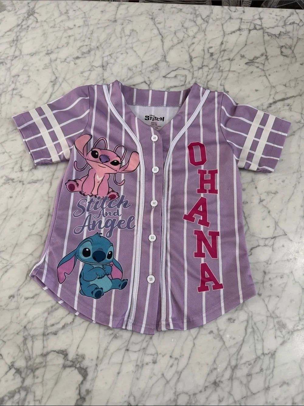 DISNEY Stitch Angel Ohana Striped Baseball Jersey Youth Sz 10/12